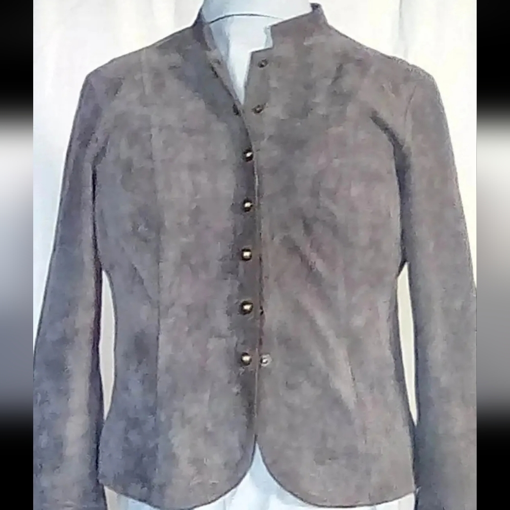 Large 80s Suede Leather Bomber Jacket Grey Brass Buttons VTG